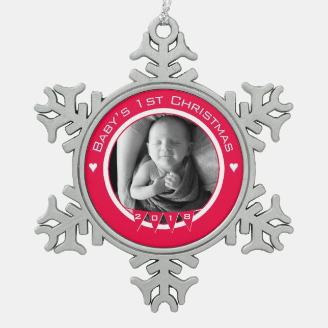 Baby's First Christmas - Photo and Year in RED Snowflake Pewter Christmas Ornament (Front)