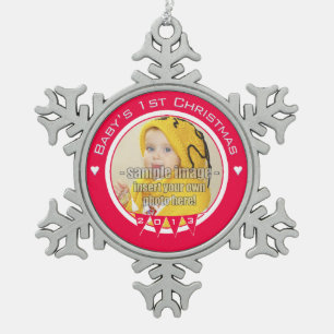 Baby's First Christmas - Photo and Year in RED Snowflake Pewter Christmas Ornament
