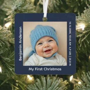 Baby's First Christmas Photo Birth Stats Metal Tree Decoration
