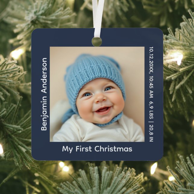 Baby's First Christmas Photo Birth Stats Metal Tree Decoration (Insitu)
