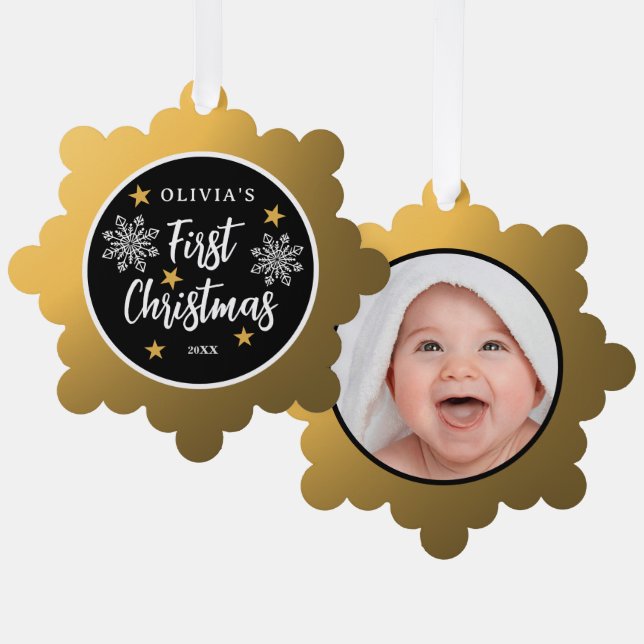 Babys First Christmas Photo Black And Gold   Tree Decoration Card (Front/Back)