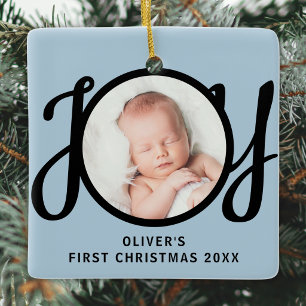 Baby's First Christmas Photo Black Script Blue Ceramic Ornament