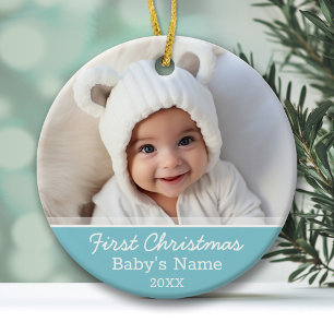 Baby's First Christmas Photo - Blue Boy Background Ceramic Tree Decoration