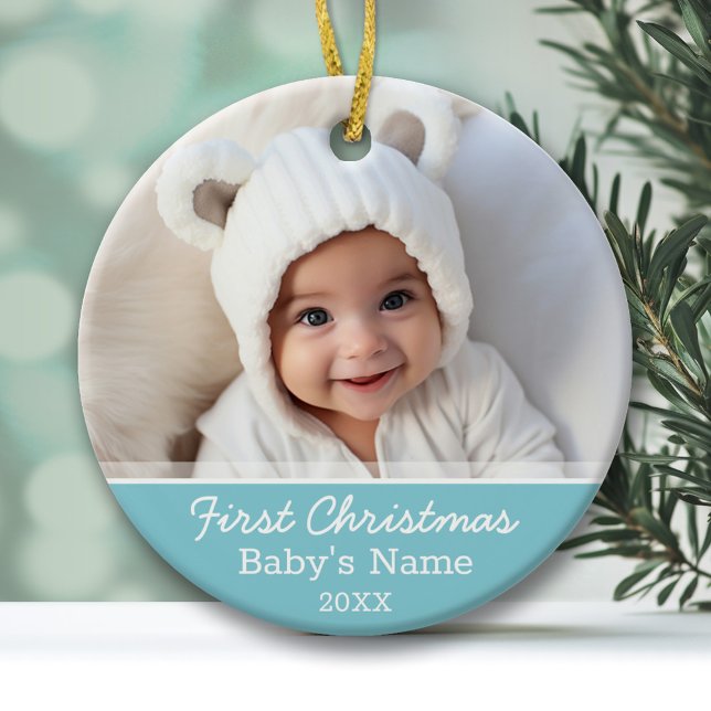 Baby's First Christmas Photo - Blue Boy Background Ceramic Tree Decoration (Baby's First Christmas Ornament with Photo and Cute Light Blue Accents)