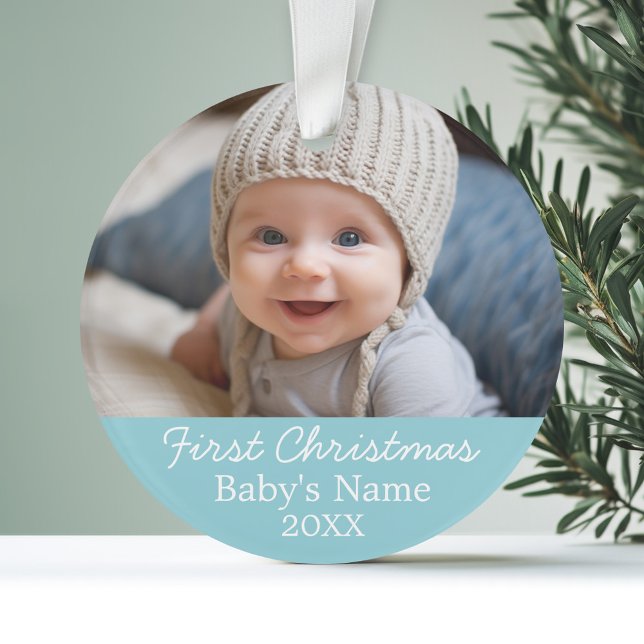 Baby's First Christmas Photo - Blue Boy Background Ornament (Personalized Photo Ornament)