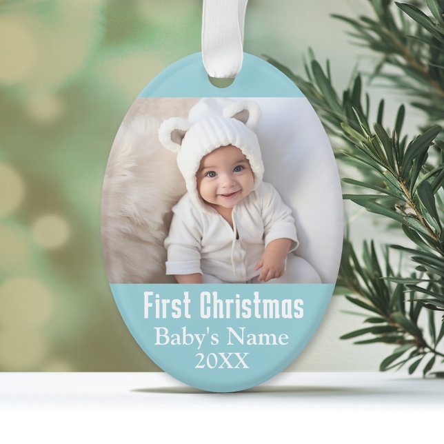 Baby's First Christmas Photo - Blue Boy Background Ornament (Personalized First Christmas Ornament)