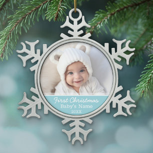 Baby's First Christmas Photo - Blue Boy Background Snowflake Pewter Christmas Ornament