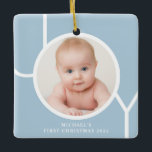 Baby's First Christmas Photo Blue Ceramic Ornament<br><div class="desc">This stylish Baby's First Christmas Photo Ornament is decorated with the word JOY in white on a pale blue background.
Easily customisable with your photo and name.
Suitable for a boy or girl.</div>