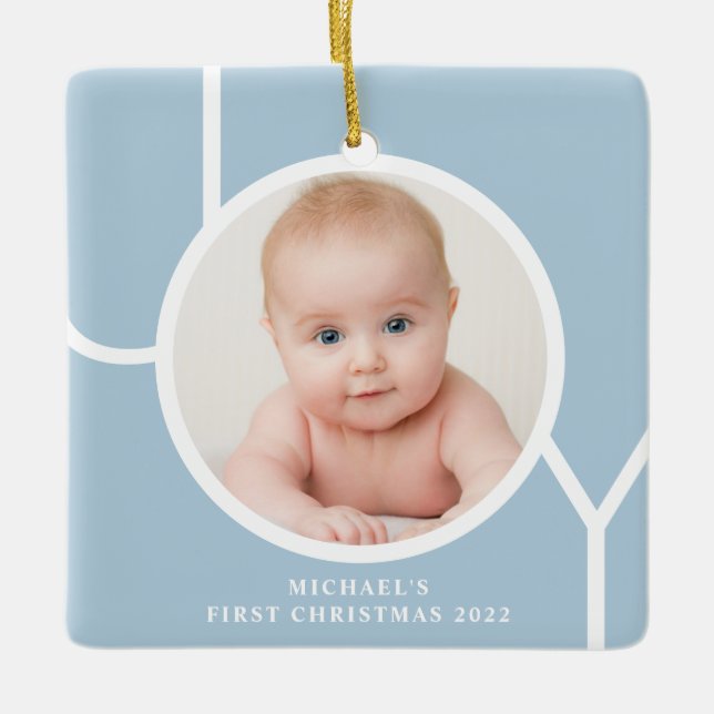 Baby's First Christmas Photo Blue Ceramic Ornament (Front)