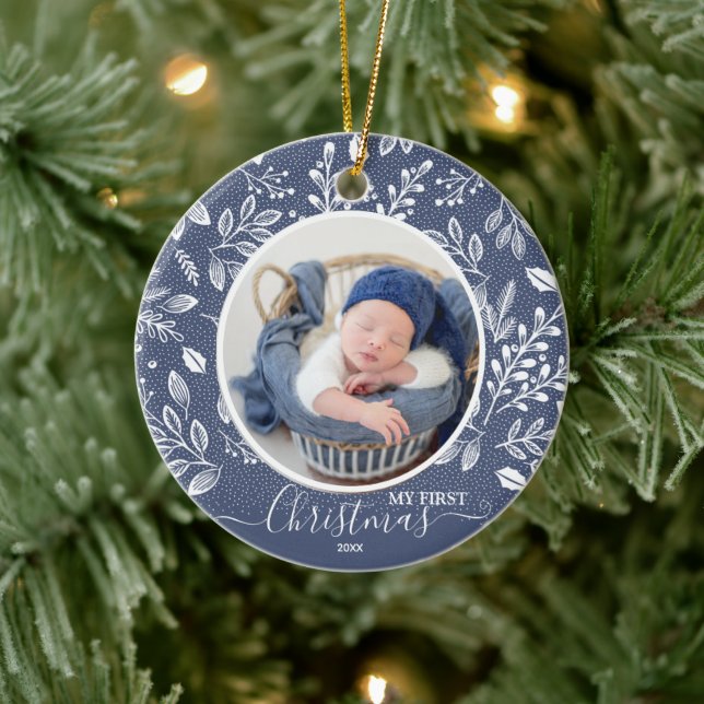 Baby's First Christmas Photo Blue Ceramic Tree Decoration (Tree)