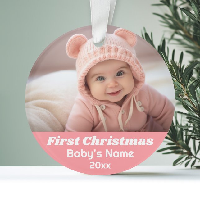 Baby's First Christmas Photo - Blue Girl Pink Ornament (Personalized Photo Ornament)