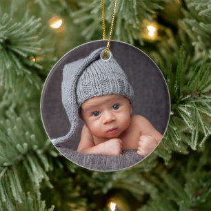 Baby's First Christmas Photo Blue Name Ceramic Tree Decoration