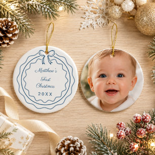 Baby's First Christmas photo bow scalloped blue Ceramic Tree Decoration