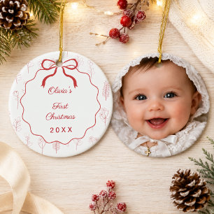 Baby's First Christmas photo bow wildflowers red Ceramic Tree Decoration