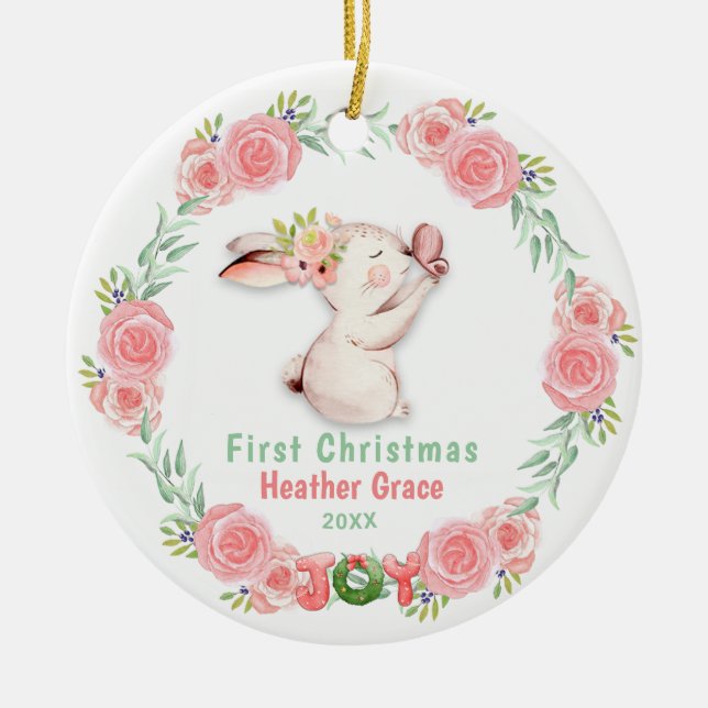 Babys First Christmas Photo Bunny Personalised Ceramic Tree Decoration (Front)