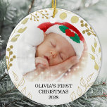 Baby's First Christmas Photo  Ceramic Tree Decoration<br><div class="desc">This elegant Christmas Ornament is decorated with gold foliage on a white background.
Easily customisable with baby's name,  year and photo.
Please note that the small white stars are not included in the design.
Original Watercolor © Michele Davies.</div>