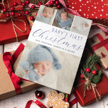 Babys First Christmas Photo Collage Blue Holiday Card<br><div class="desc">A modern holiday card to celebrate your baby's first Christmas with  family and friends. The design features a photo collage of your favourite photos. Personalise with your family's names. The reverse side is blue with a snowfall pattern overlay.</div>