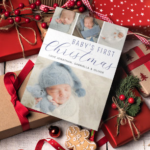  Babys First Christmas Photo Collage Blue Holiday Card