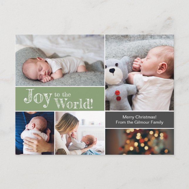 Baby's first Christmas Photo collage Green Postcard (Front)