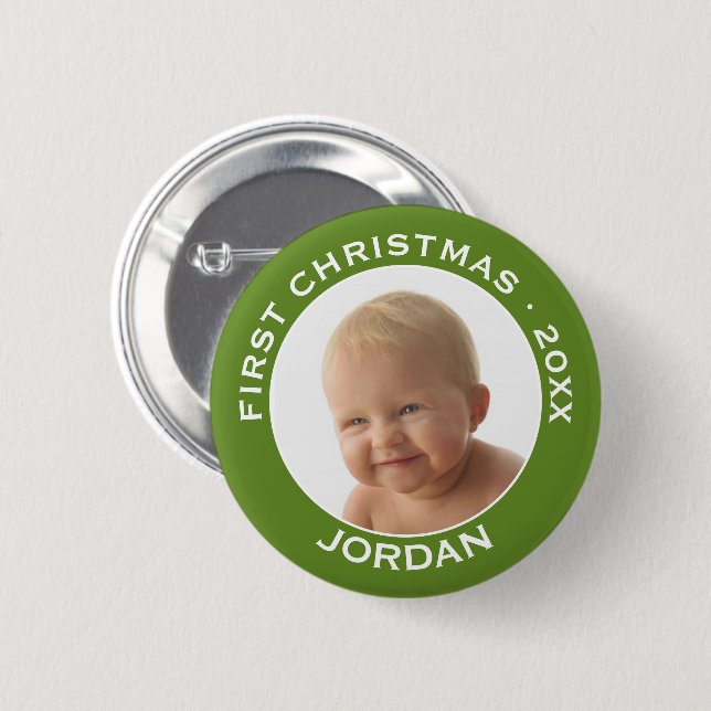 Baby's First Christmas Photo Custom Name and Year 6 Cm Round Badge (Front & Back)