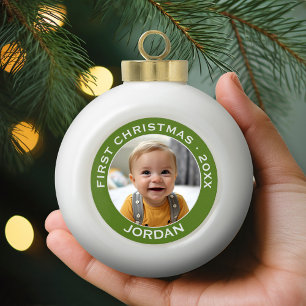 Baby's First Christmas Photo Custom Name and Year Ceramic Ball Christmas Ornament