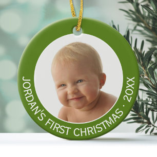Baby's First Christmas Photo Custom Name and Year Ceramic Tree Decoration