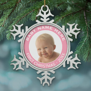 Baby's First Christmas Photo Custom Name and Year Snowflake Pewter Christmas Ornament