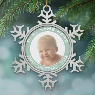 Baby's First Christmas Photo Custom Name and Year Snowflake Pewter Christmas Ornament