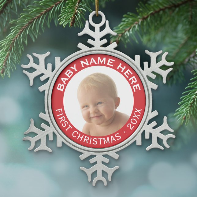 Baby's First Christmas Photo Custom Name and Year Snowflake Pewter Christmas Ornament (A photo ornament with a simple frame)