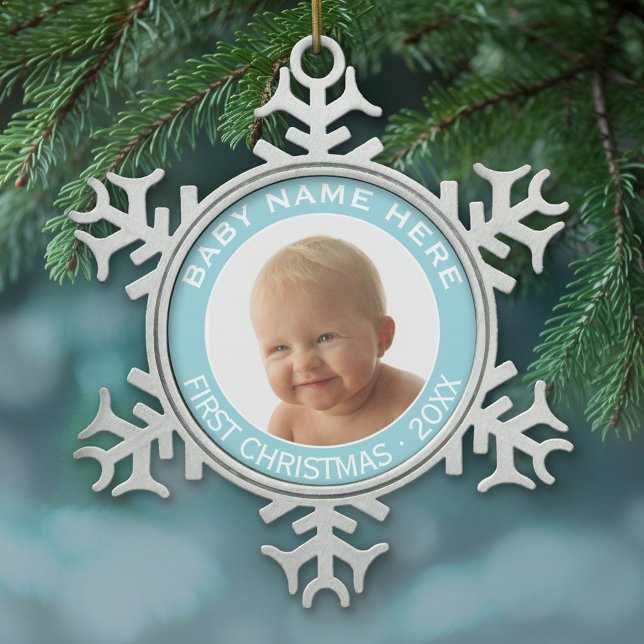 Baby's First Christmas Photo Custom Name and Year Snowflake Pewter Christmas Ornament (Personalized pewter Christmas Ornament - Baby's First Christmas)