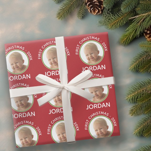 Baby's First Christmas Photo Custom Name and Year Wrapping Paper (Personalized Wrapping paper - 1 Photo)