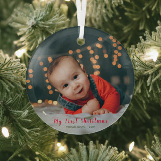 Baby's First Christmas Photo Custom Name Glass Tree Decoration