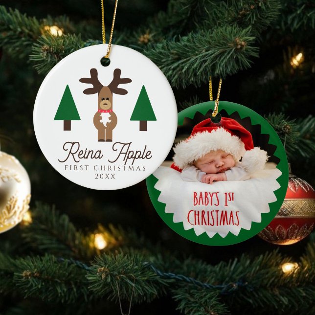 Baby's First Christmas Photo Cute Reindeer Ceramic Tree Decoration (Add your little one's photo and name to this cute reindeer First Christmas Ornament)
