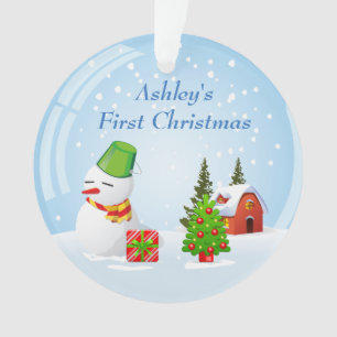 Baby's First Christmas Photo Cute Snowball Snowman Ornament