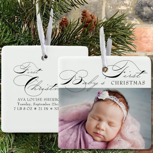 Baby's First Christmas Photo Elegant Calligraphy Ceramic Ornament (Creator Uploaded)