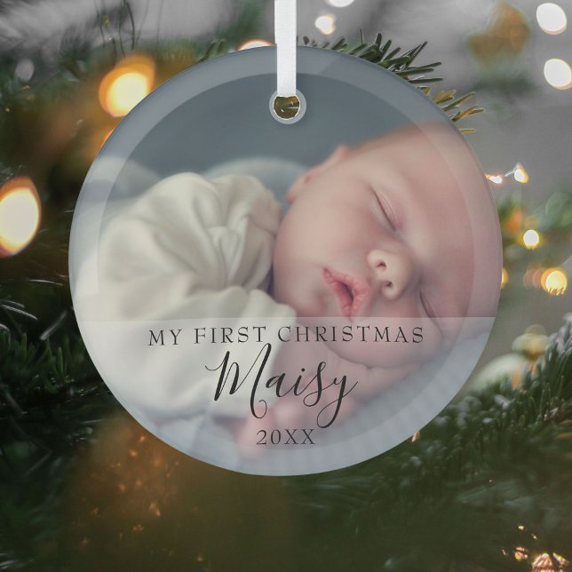 Baby's First Christmas Photo Elegant Script Glass Tree Decoration (Creator Uploaded)