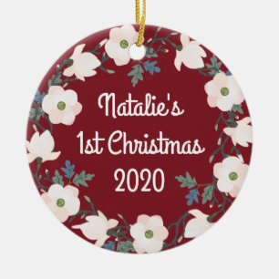 Baby's First Christmas Photo Floral Wreath Ceramic Tree Decoration