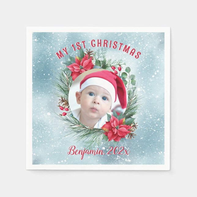 Baby's first Christmas photo floral wreath Napkin (Front)