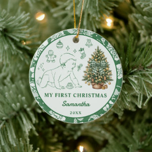 Baby's First Christmas Photo Forest Green Lace Ceramic Tree Decoration