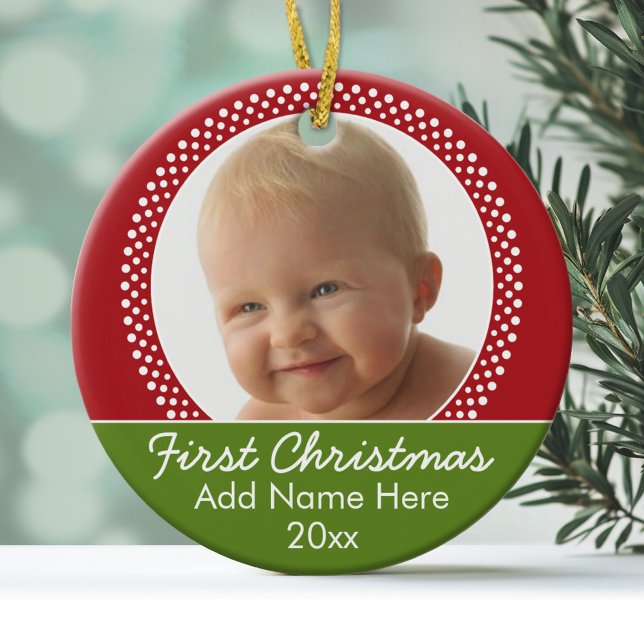 Baby's First Christmas Photo Frame - Red and Green Ceramic Tree Decoration (Personalized Photo Ornament)