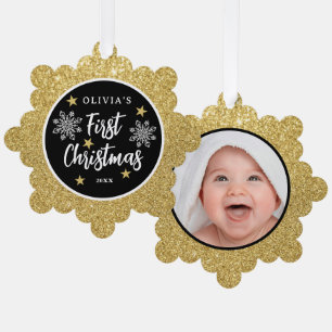 Babys First Christmas Photo Gold Glitter Tree Decoration Card