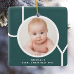 Baby's First Christmas Photo Green Ceramic Ornament<br><div class="desc">This stylish Baby's First Christmas Photo Ornament is decorated with the word JOY in white on a terracotta background.
Easily customisable with your photo and name.
Suitable for a boy or girl.</div>