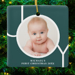 Baby's First Christmas Photo Green Ceramic Ornament<br><div class="desc">This stylish Baby's First Christmas Photo Ornament is decorated with the word JOY in white on a terracotta background.
Easily customisable with your photo and name.
Suitable for a boy or girl.</div>