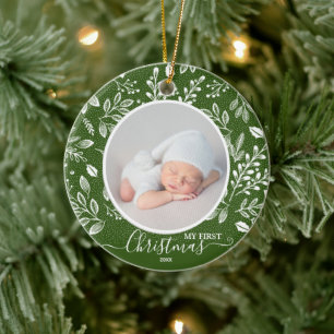 Baby's First Christmas Photo Green Ceramic Tree Decoration