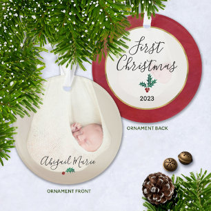 Baby's First Christmas Photo Green &  Red Holly Ornament