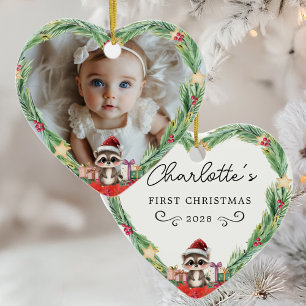 Baby's First Christmas–Photo-Heart-Racoon Ceramic Tree Decoration