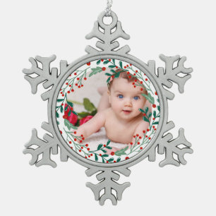 Baby's first christmas photo holiday cherry snowflake pewter christmas ornament