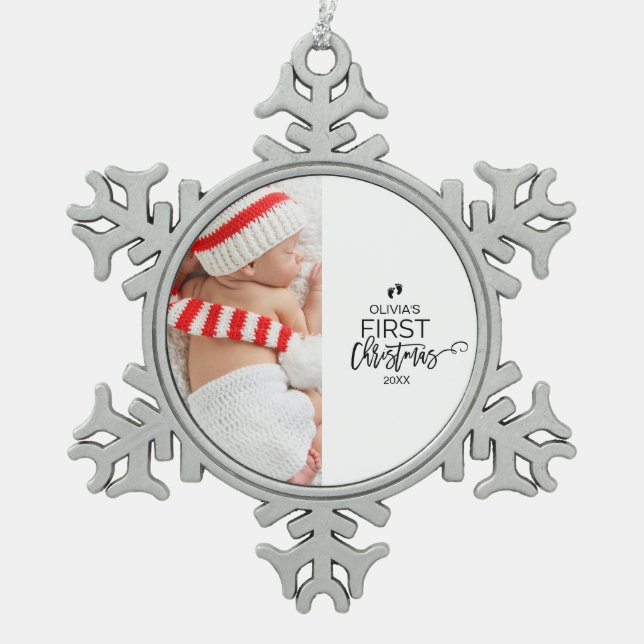 Baby's First Christmas Photo Holiday Snowflake Pewter Christmas Ornament (Front)