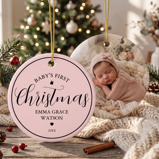 Baby's First Christmas Photo Keepsake Pink Ceramic Tree Decoration (Creator Uploaded)