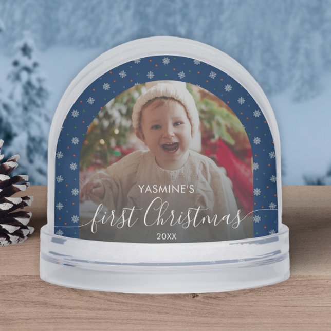 Baby's first Christmas photo keepsake snowflakes  Snowglobe (Personalized blue snowflakes Baby's first Christmas keepsake with custom photo and text)